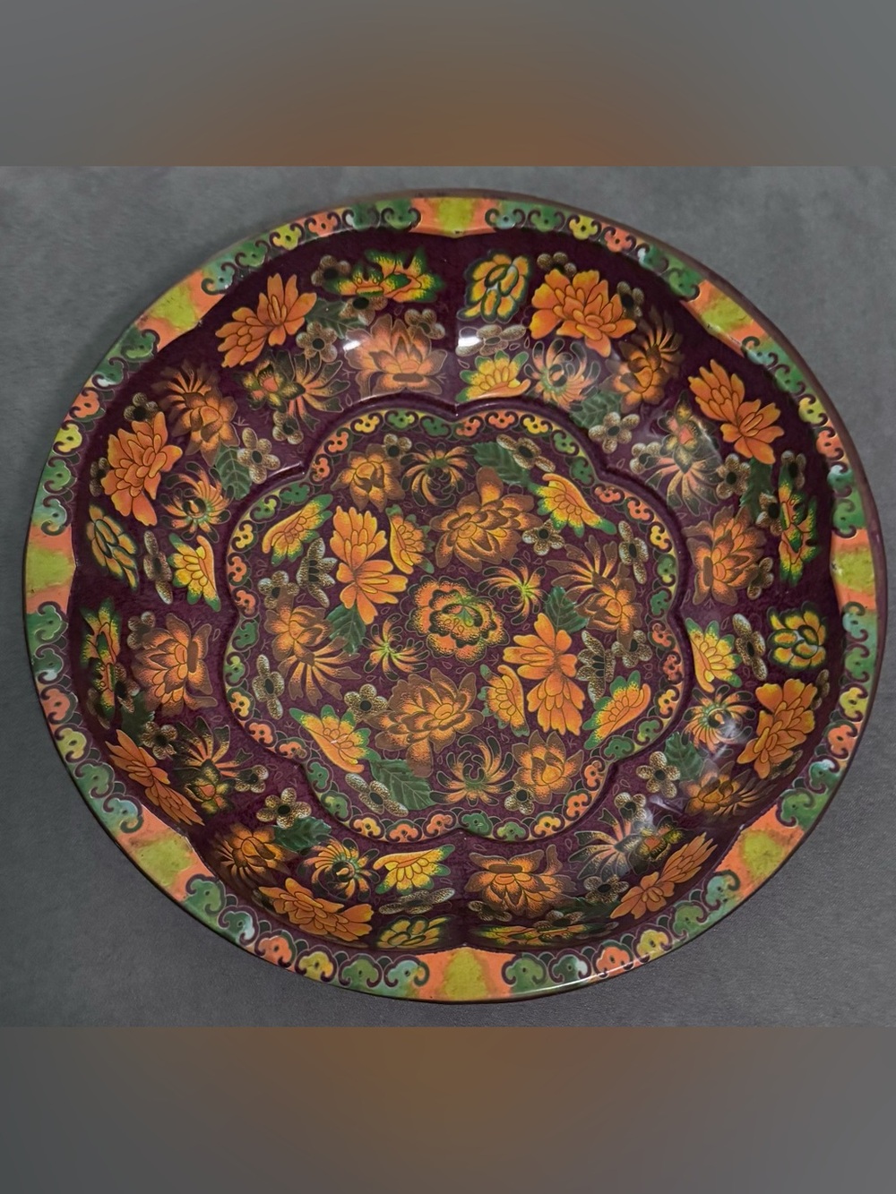 Vintage 1971 Daher Scalloped Metal Bowl, Autumn Floral Pattern